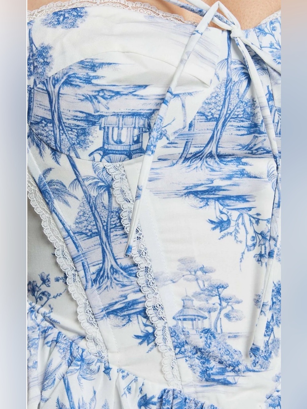 Showpo Idris Toile De Jouy Corset Mini Dress Blue White Lace Trim Size 4 - Picture 4 of 15
